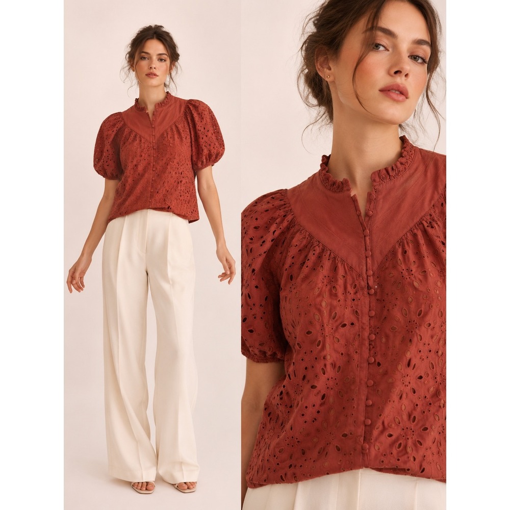 PrettyGarden Eyelet Blouse Womens XL Rust Excellent Puff Sleeve Ruffle Neck Top